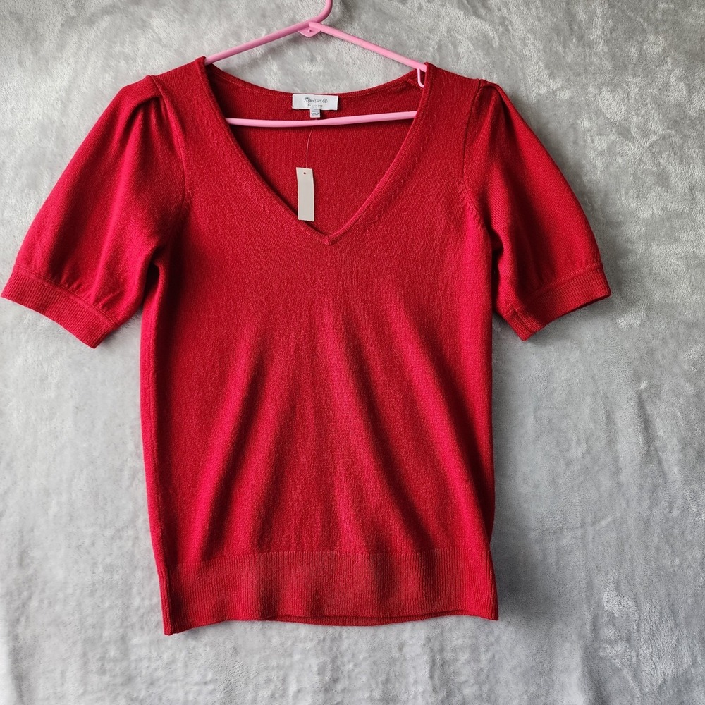 Madewell Cashmere Sweater Womens Size XXS Ruby Red Puff Short Sleeve 100% NWT